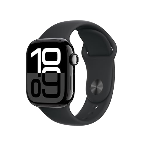 Apple Watch Series 10 (GPS 42 mm) Smartwatch mit Aluminiumgehäuse in Diamantschwarz und Sportarmband in Schwarz (S/M). Fitnesstracker, EKG App, Always-On Retina Display, Wasserschutz