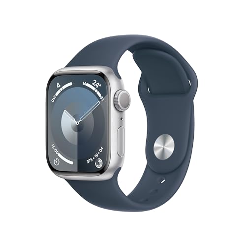 Apple Watch Series 9 (GPS, 41 mm) Smartwatch mit Aluminiumgehäuse in Silber und Sportarmband S/M in Sturmblau. Fitnesstracker, Blutsauerstoff und EKG Apps, Always-On Retina Display, Wasserschutz