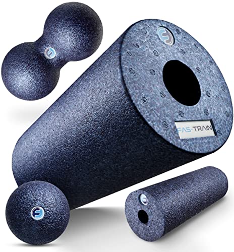 Fas-Train® Faszienrolle - [4-teiliges] Foam Roll Set für effektives Faszientraining - Starter-Set für den perfekten Einstieg ins Training mit Massagerollen - Inkl. Poster & Tasche I Schaumstoffrolle